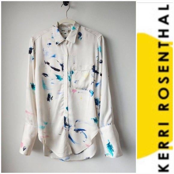 Kerri Rosenthal Tops - Kerri Rosenthal Silver White Paint Splatter Long Cuff Sleeve Button Down Blouse